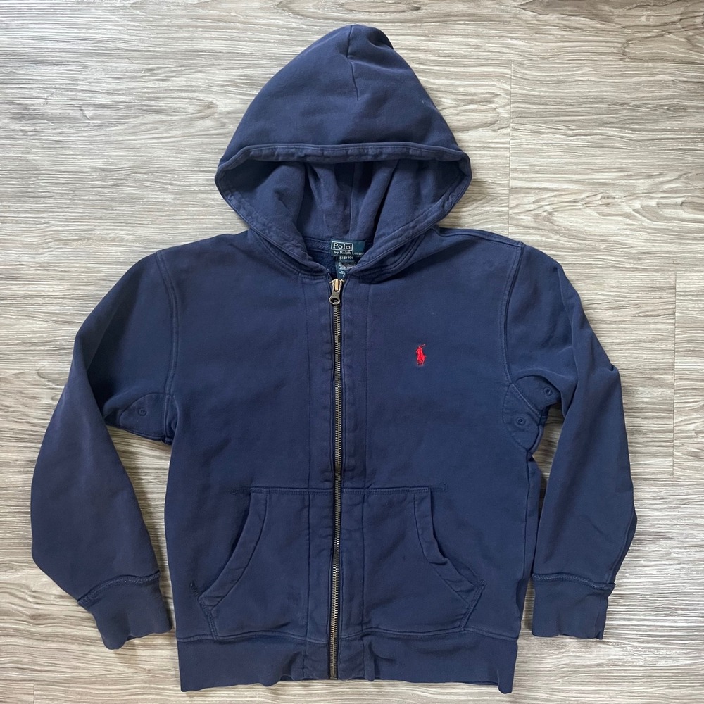 Polo Ralph Lauren Boys Navy Blue Full Zip Hoodie Sweatshirt Size S 8-10 Red Pony
